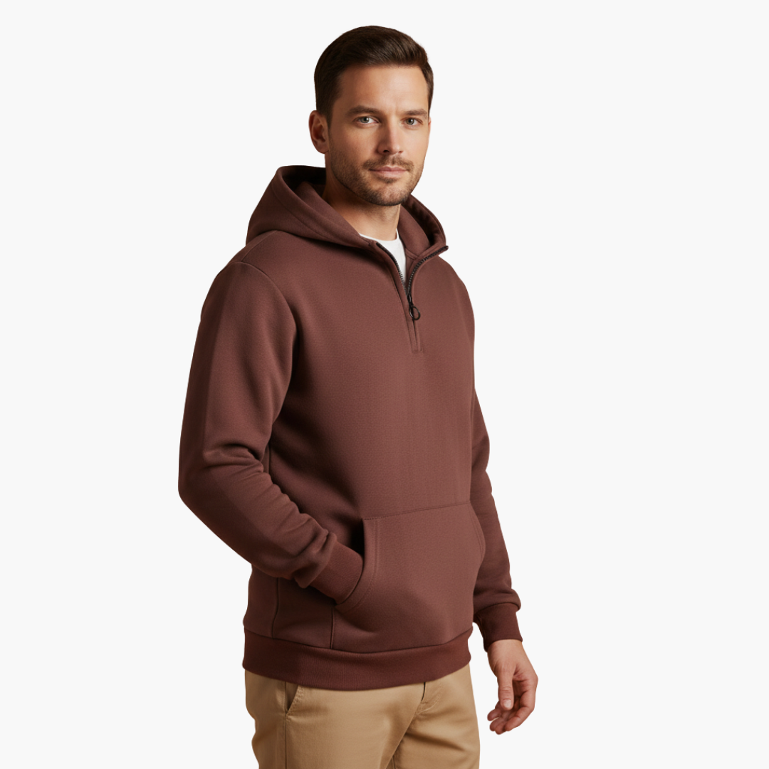 Men's Hoodie with Half Zip and Front Pocket in brown