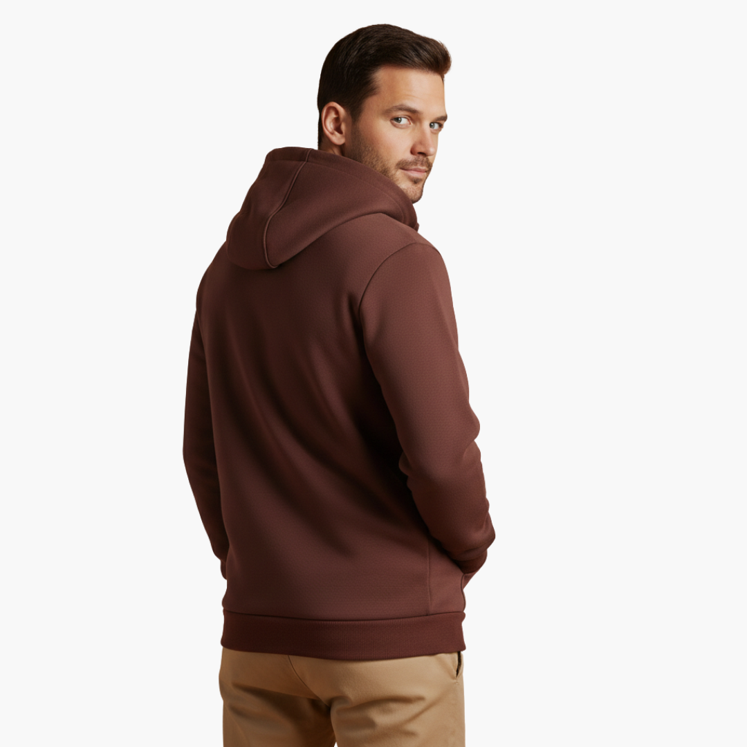 Men's hoodie by Wilfred Smith, brown half-zip with front pocket