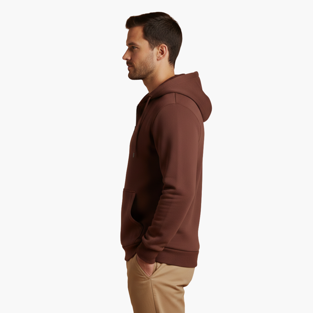 Men's Hoodie with Half Zip and Front Pocket in brown by Wilfred Smith, side profile.