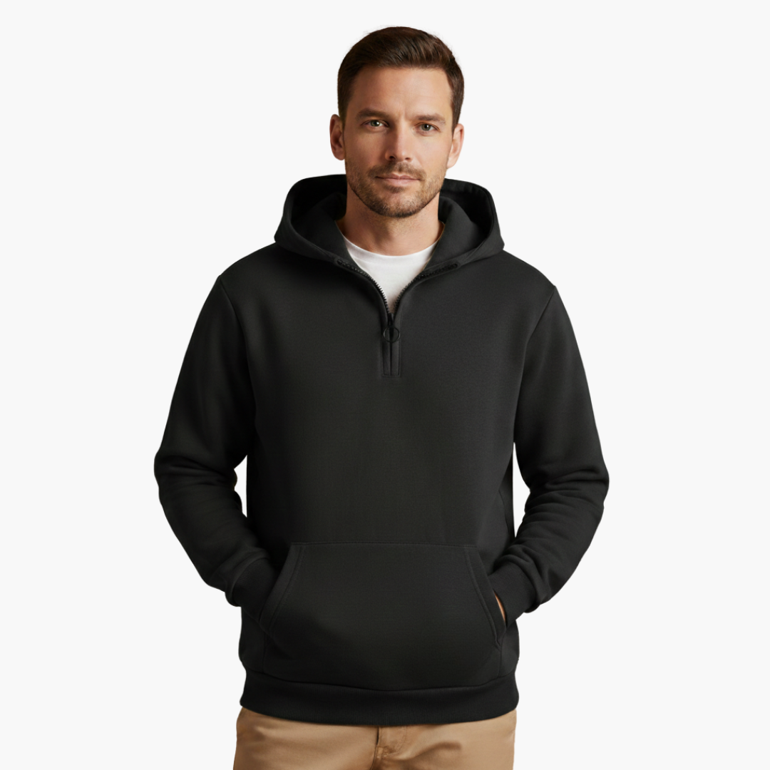 Men's half-zip hoodie in black with front pocket for everyday wear