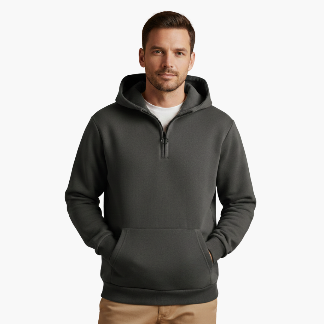 Men's charcoal gray hoodie with half-zip and front pocket