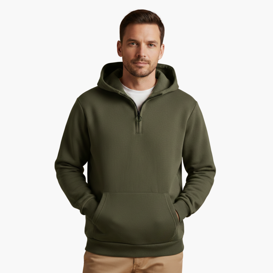 Men's hoodie with half zip and front pocket in olive green
