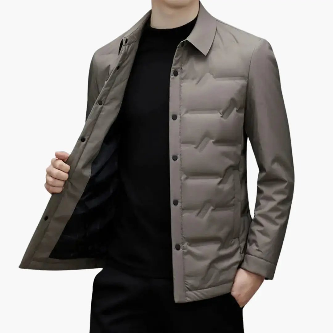Men's padded sport jacket with lapel collar and padded panels in taupe