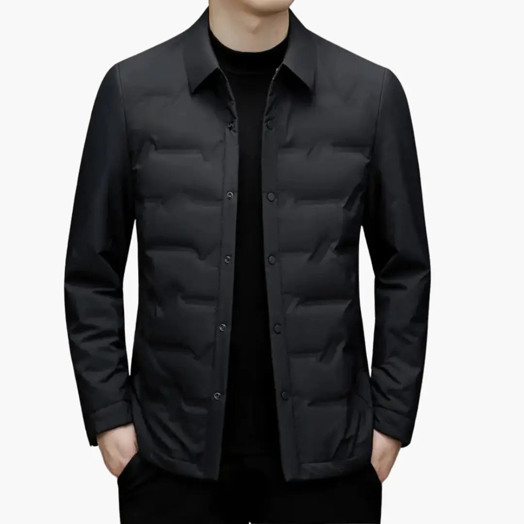 Men's black padded sport jacket with lapel collar and quilted panels