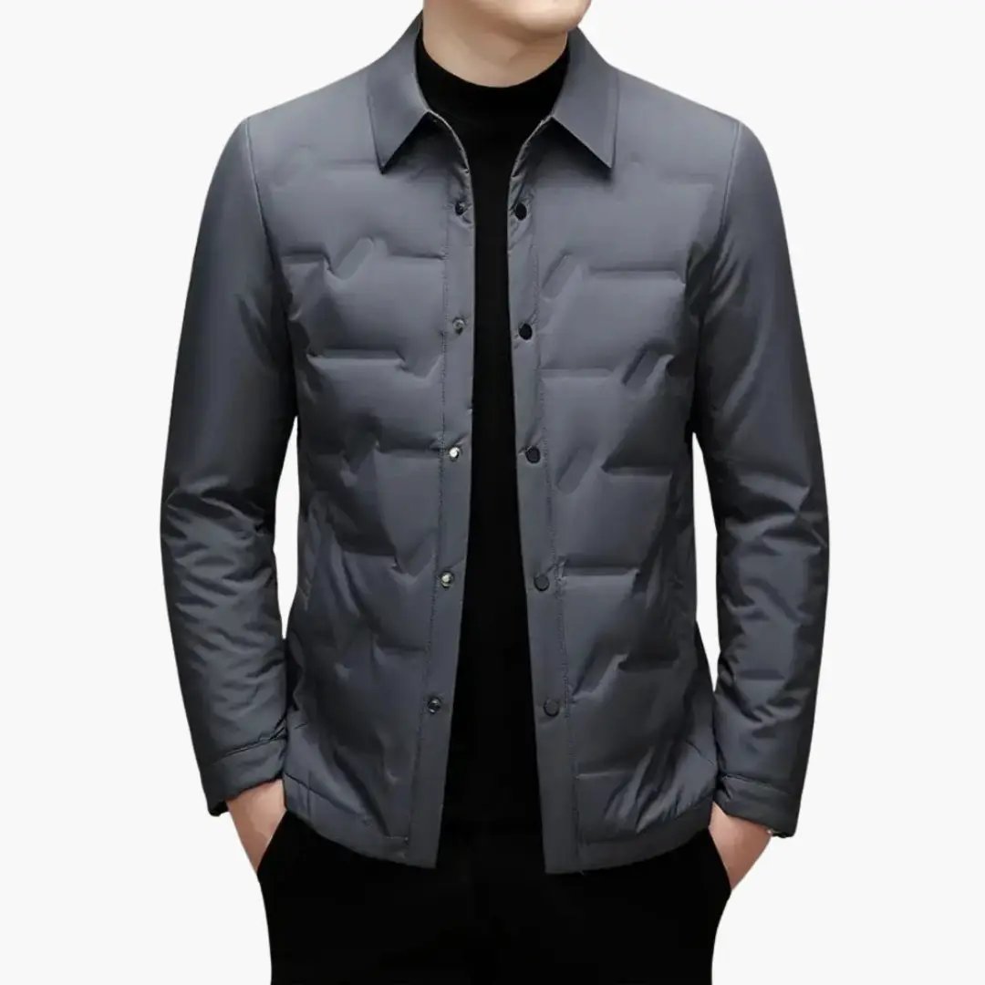 Men's sport jacket by Wilfred Smith with lapel collar and padded panels in gray