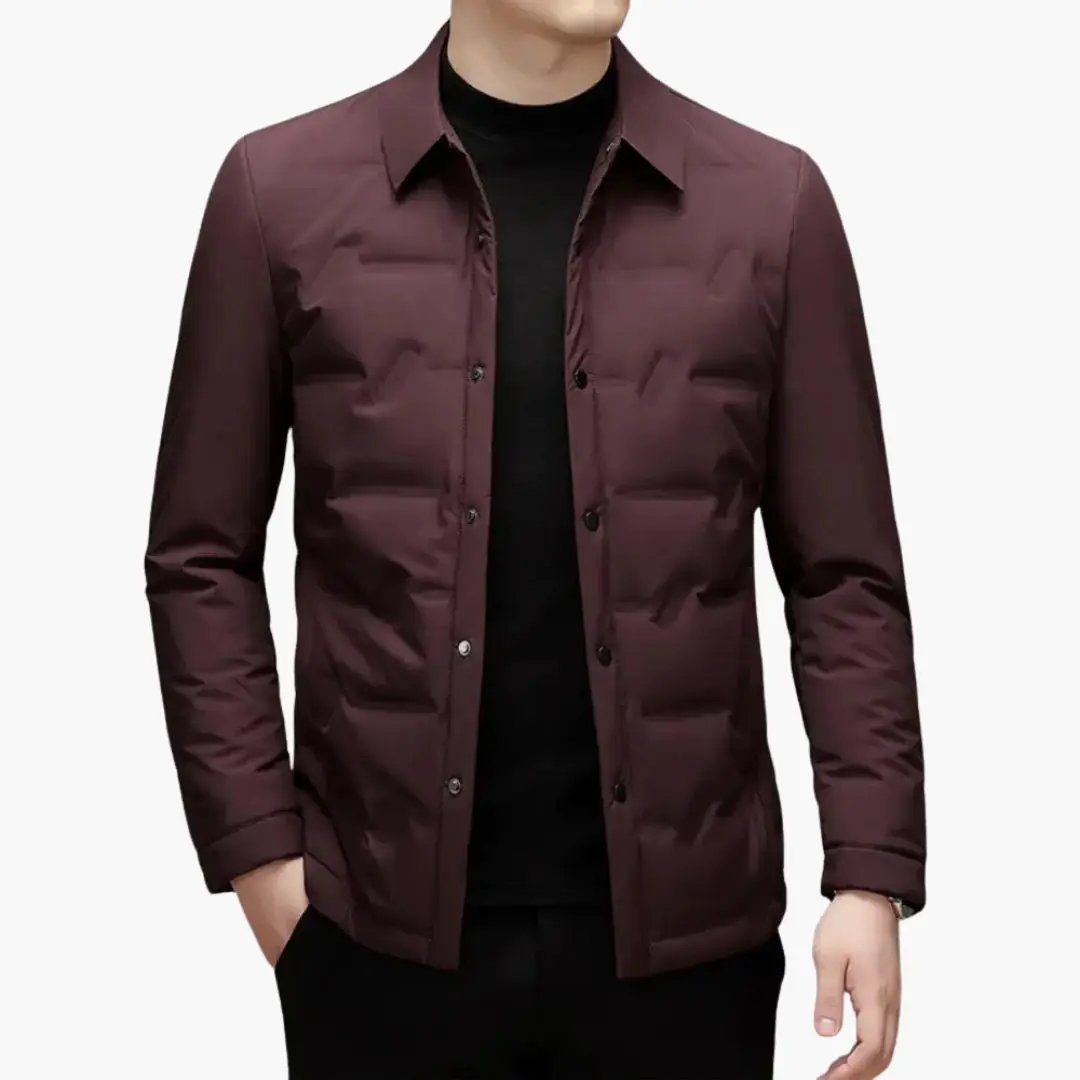 Men's burgundy padded sport jacket with lapel collar and button-front closure