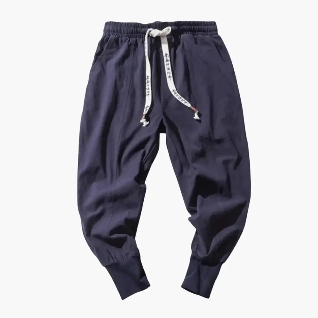 Men’s cargo joggers by Wilfred Smith, navy Japan-style trousers with drop crotch and adjustable waist
