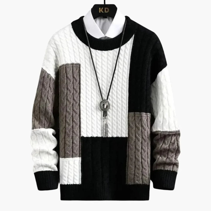 Men’s Sweater with Cable Knit and Patchwork Design - Wilfred Smith