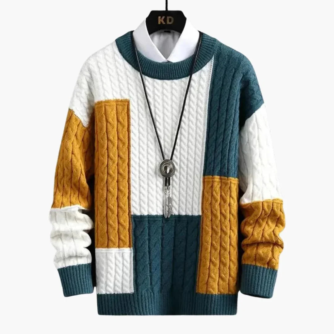 Men’s Sweater with Cable Knit and Patchwork Design - Wilfred Smith