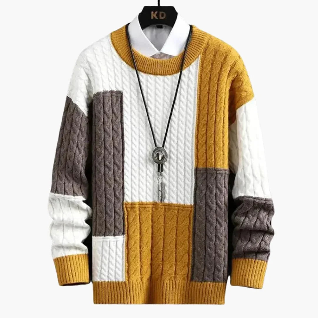 Men’s Sweater with Cable Knit and Patchwork Design - Wilfred Smith