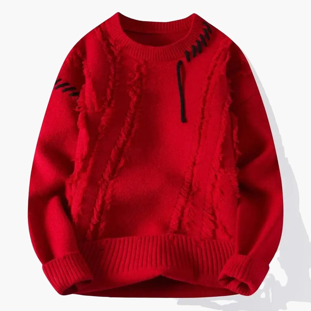 Men's Sweater with Textured Surface and Ribbed Edges