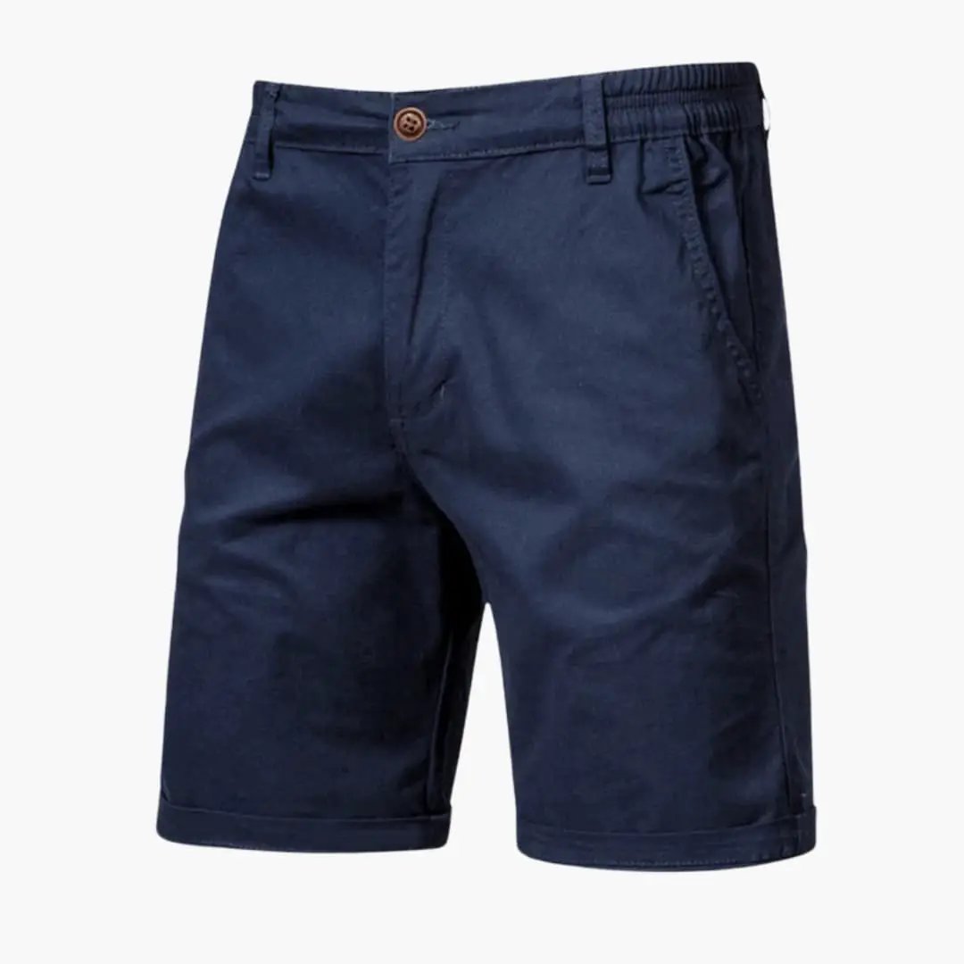 Men's knee-length chino shorts by Wilfred Smith with belt loops and zip closure in navy