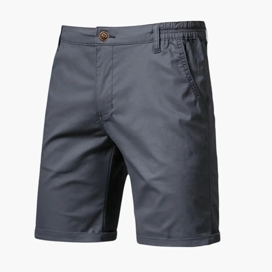 Men's knee-length chino shorts in gray with belt loops and zip closure