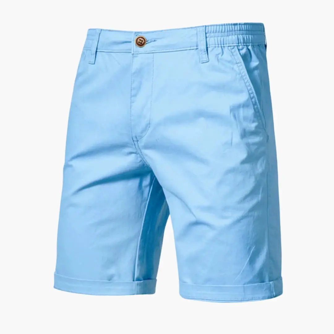 Men's light blue knee-length chino shorts with belt loops and zip closure