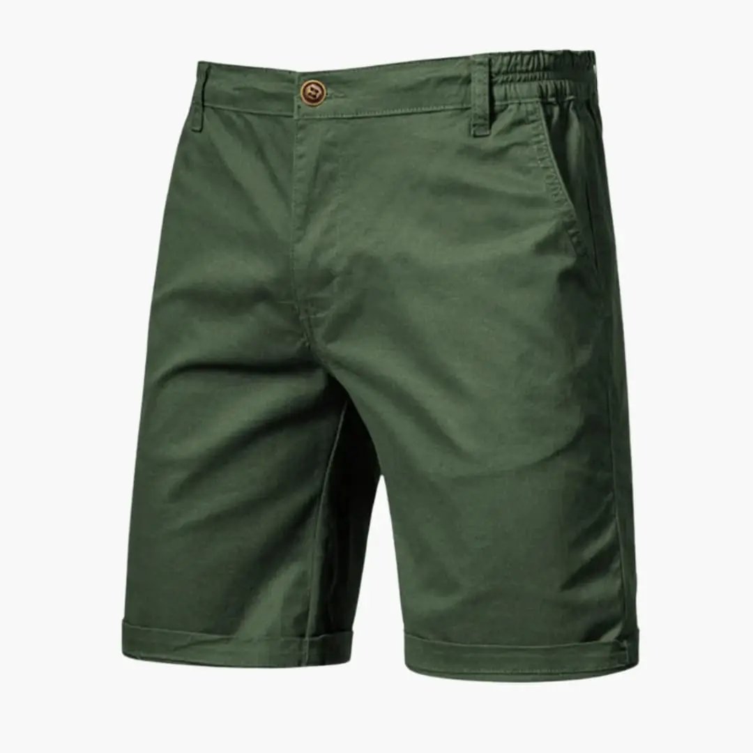 Men's knee-length chino shorts in olive green with belt loops and zip closure