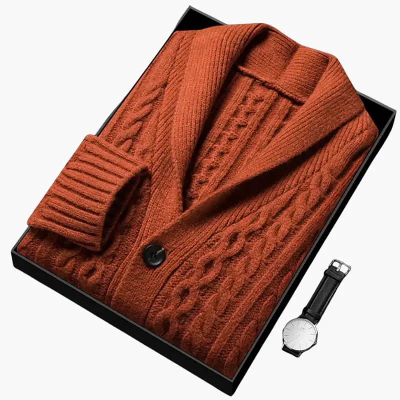Men’s cardigan in rust jacquard knit with shawl collar; boxed set includes 1 wristwatch