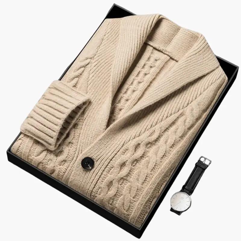 Men's cardigan and watch by Wilfred Smith, beige knit with shawl collar and jacquard pattern.