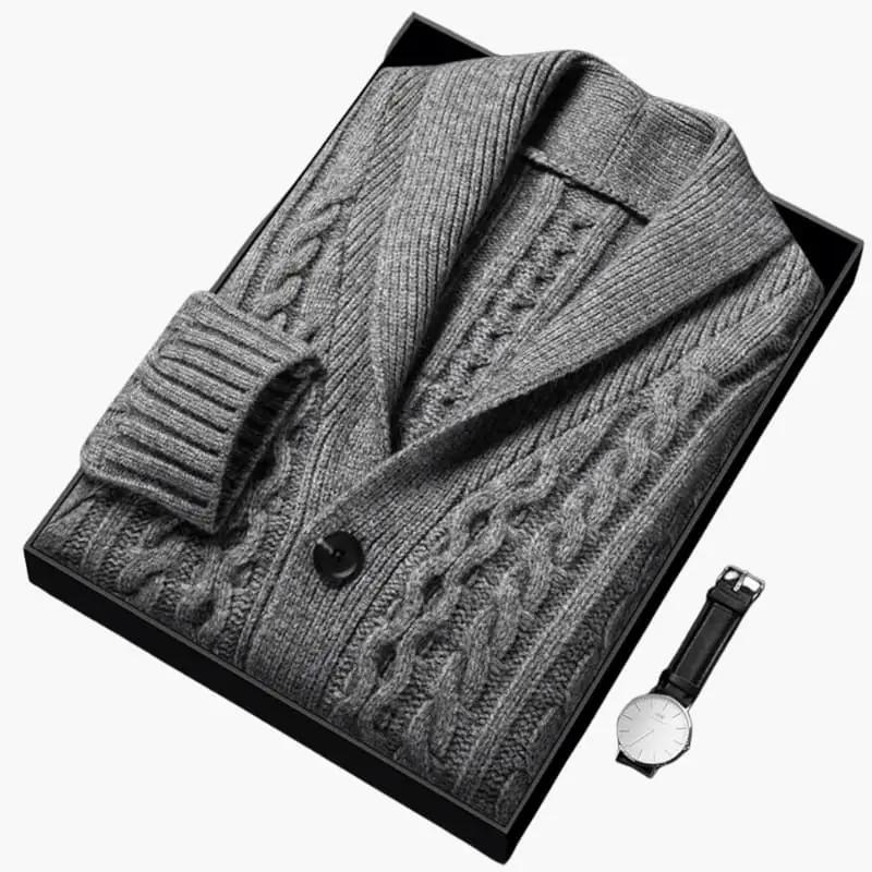 Men’s Knit Cardigan with Shawl Collar and Jacquard Pattern by Wilfred Smith in gray jacquard knit, boxed with wristwatch