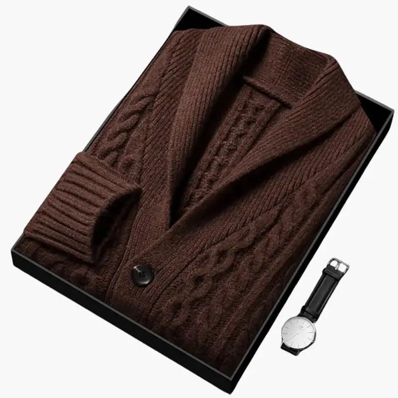 Men’s Knit Cardigan with Shawl Collar and Jacquard Pattern by Wilfred Smith, brown