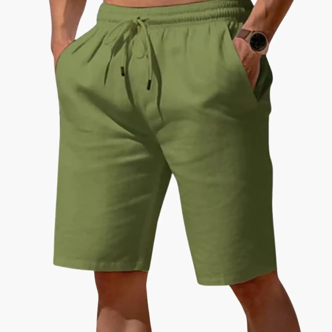 Men's linen jogger shorts, knee-length, olive green with elastic waistband and drawstring