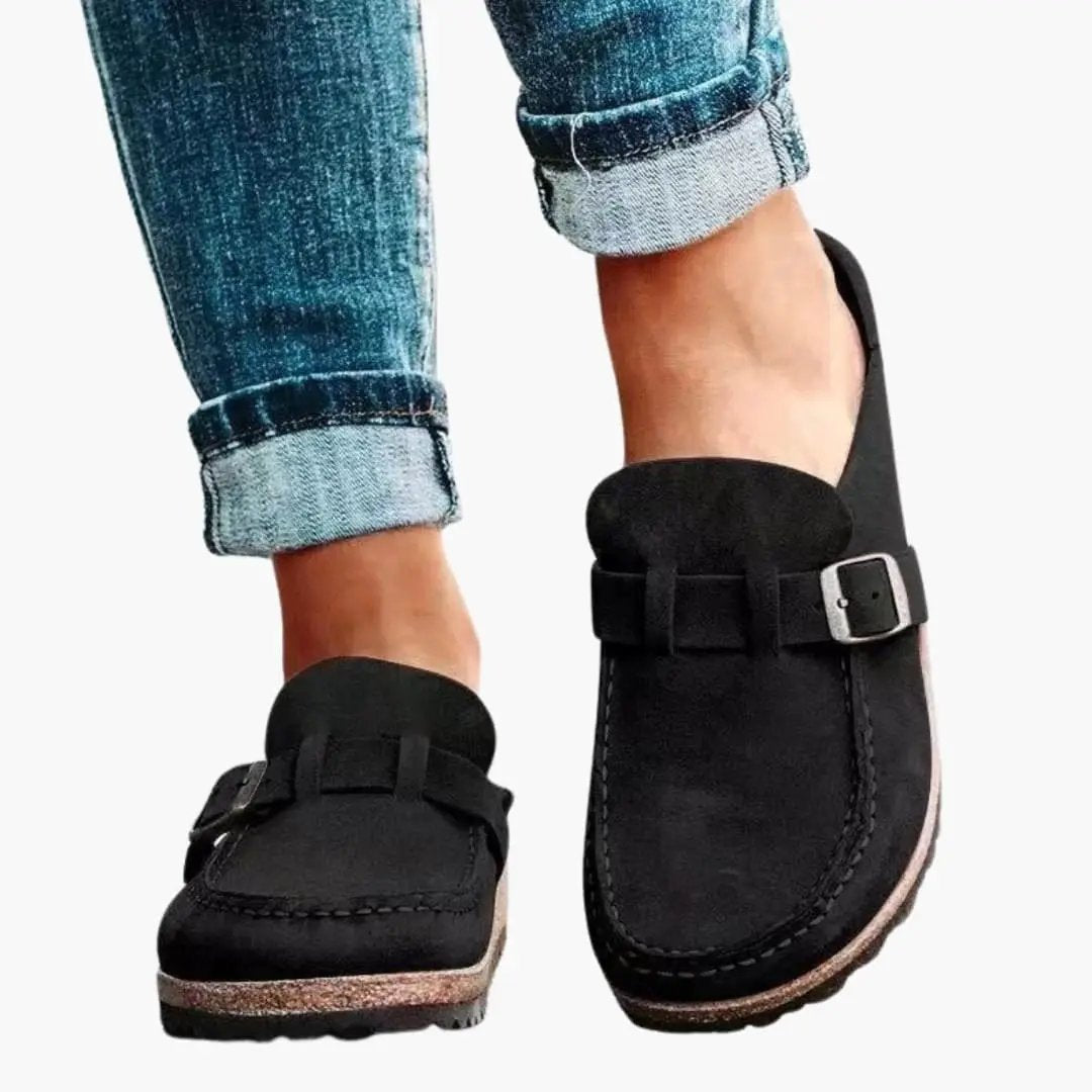 Pair of men's loafers in black suede with strap buckle and cushioned sole