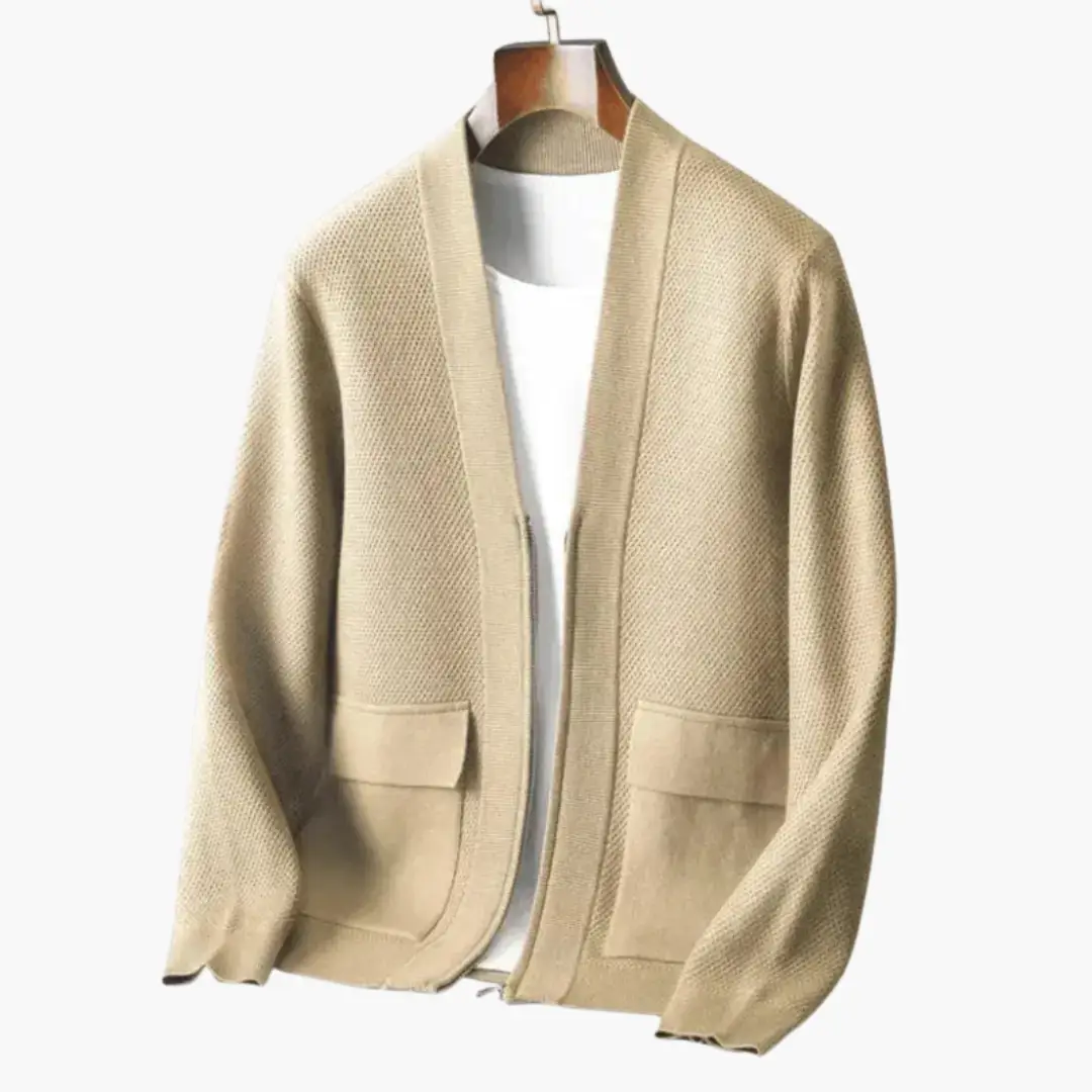 Men's open-front cardigan knitted beige with long sleeves and patch pockets