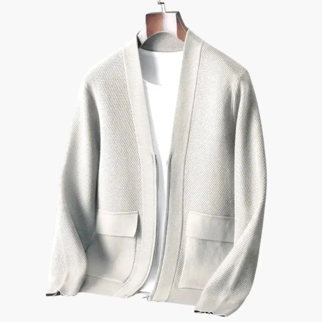 Men’s Open Front Cardigan, knitted cream with long sleeves and patch pockets.