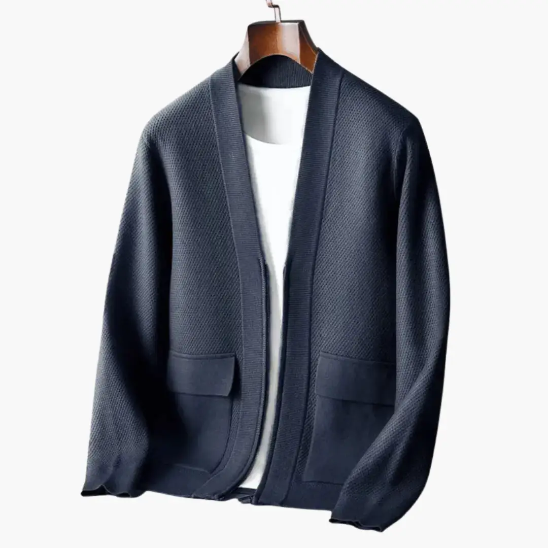 Men's navy knitted open-front cardigan with long sleeves and patch pockets