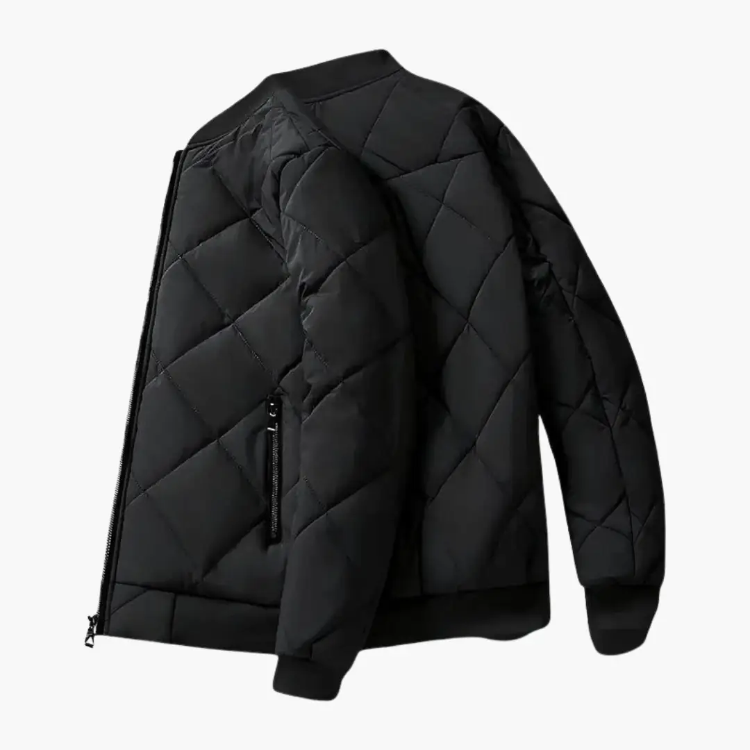 Men’s padded jacket with fleece lining, black quilted exterior and zip pockets