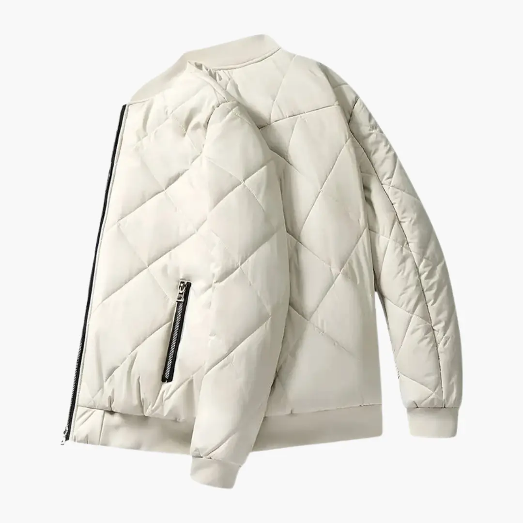Men’s padded jacket with fleece lining; off-white quilted design, zip pockets, Wilfred Smith
