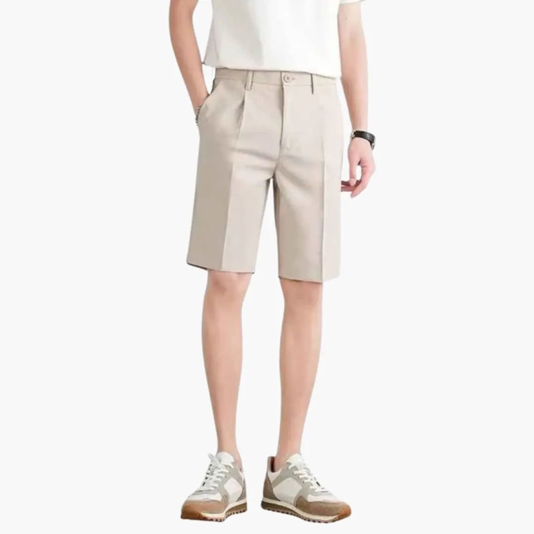 Men's Pleated Shorts with Zipper and Belt Loops, knee-length beige chino shorts
