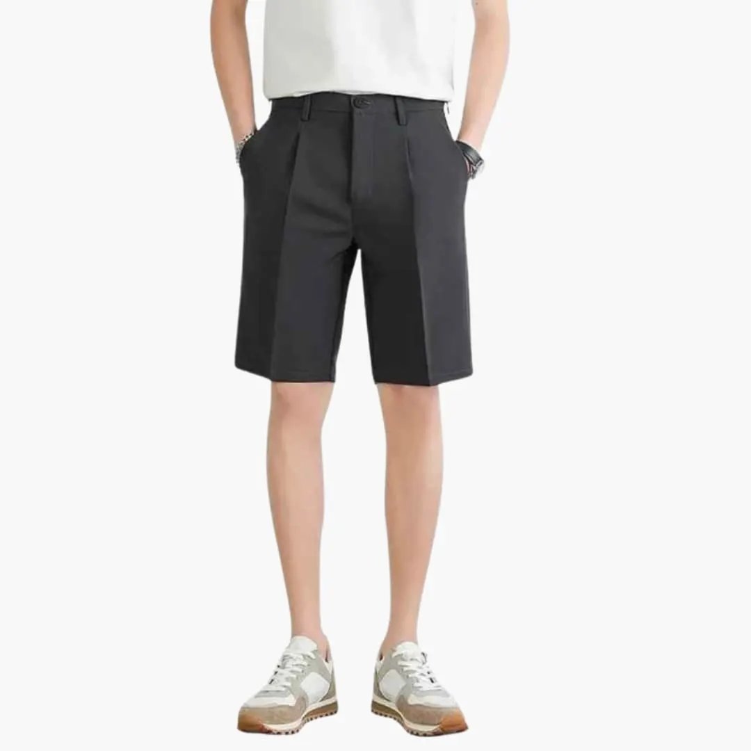Men's pleated chino shorts, knee-length black with belt loops and zipper fly