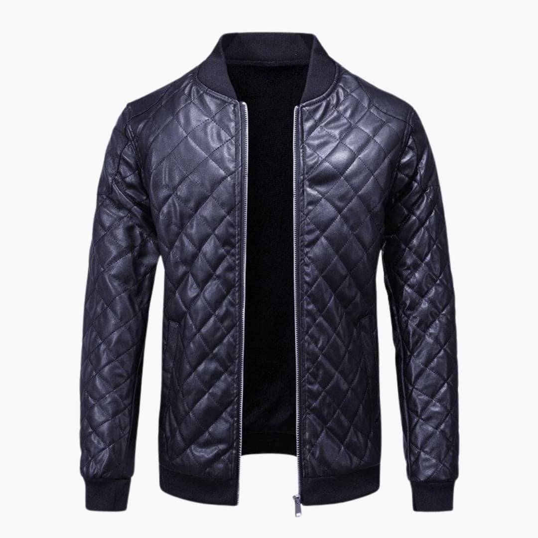 Men’s Quilted Bomber Jacket with Zipper Front in navy, ribbed cuffs and hem