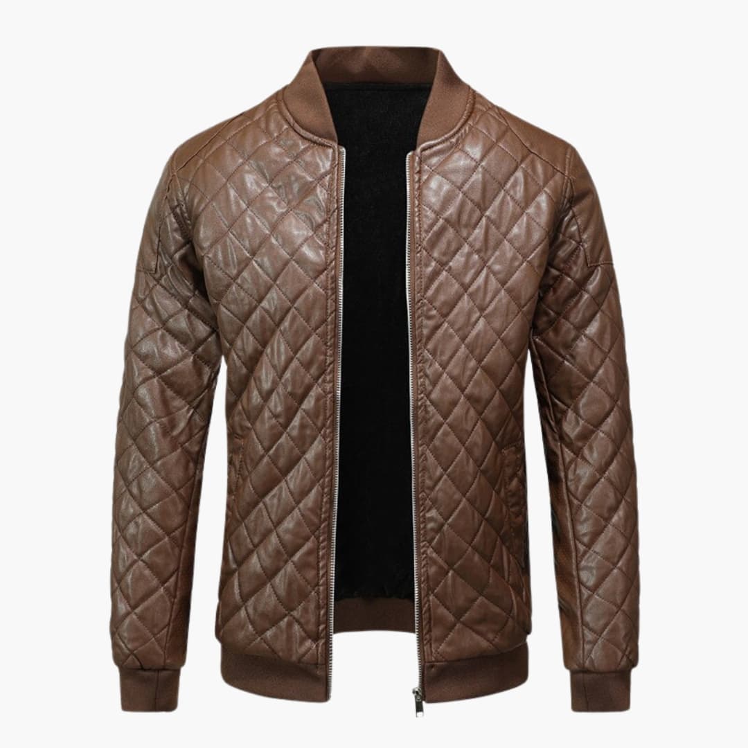 Men’s Quilted Bomber Jacket in brown with front zipper, ribbed cuffs and hem, by Wilfred Smith