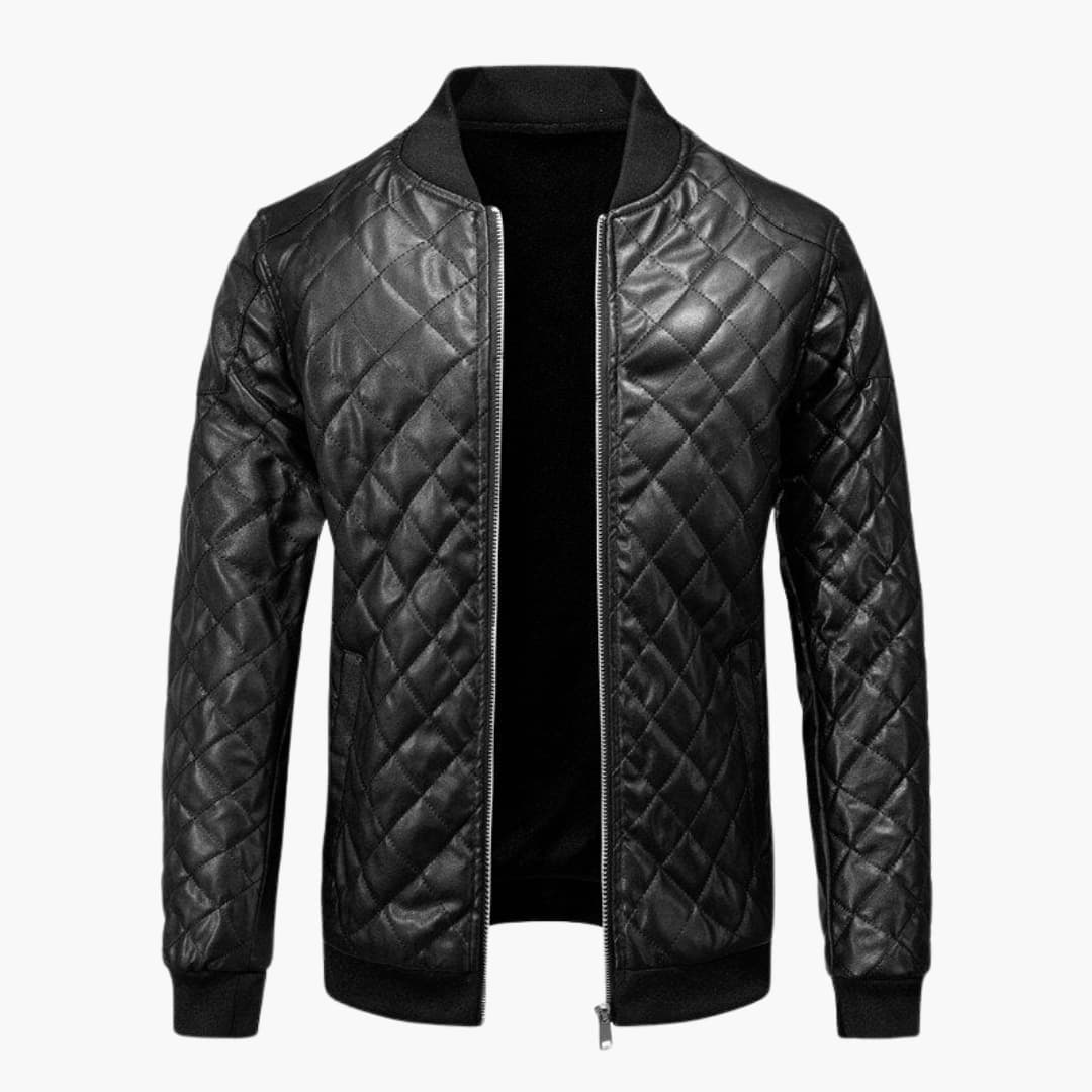 Men’s Quilted Bomber Jacket with Zipper Front in black, diamond-quilted with ribbed cuffs and hem.