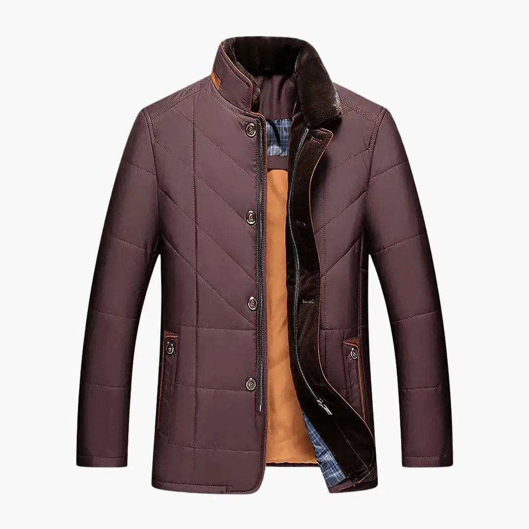 Men's Quilted Jacket with Button Closure and Stand Collar