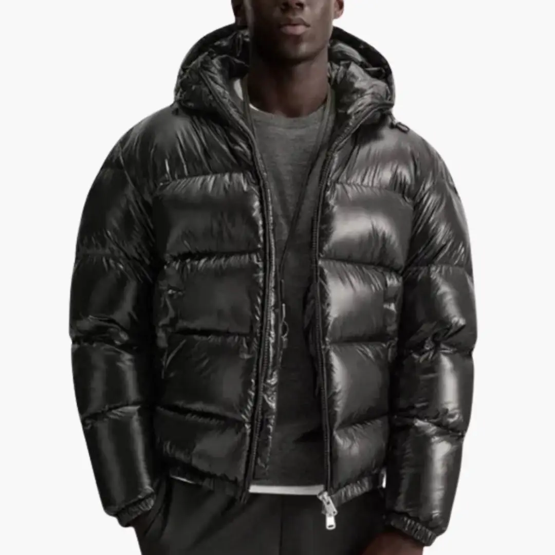Men’s Wilfred Smith quilted puffer jacket with hood and front zipper, black
