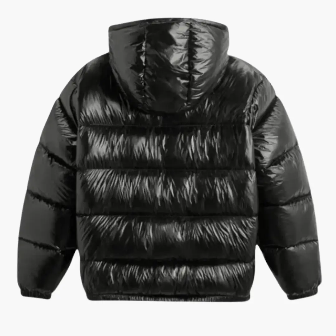 Men's quilted puffer jacket, black, back view with standing collar and horizontal baffle stitching.