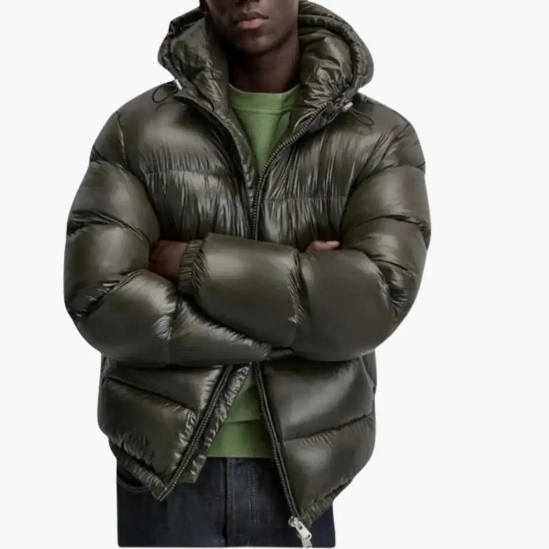 Men’s quilted puffer jacket in dark olive with front zip
