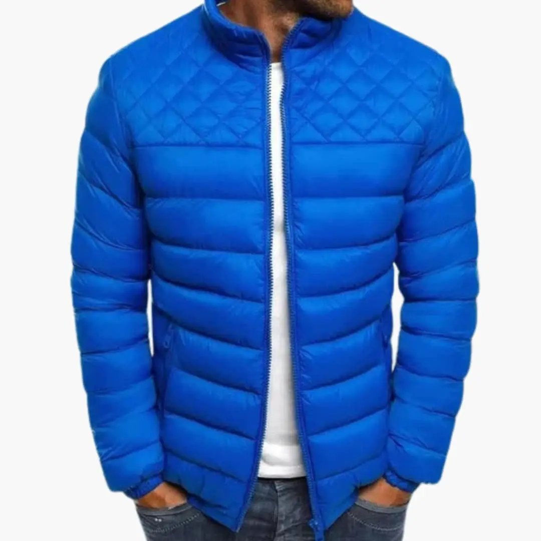 Men's hooded quilted puffer jacket in bright blue with zip-front