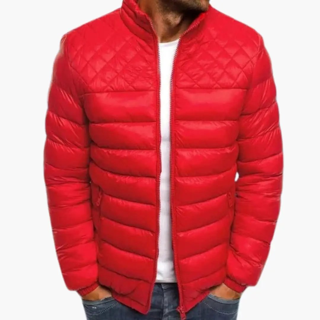 Men’s Quilted Outer Jacket with Hood, red puffer with horizontal quilted panels