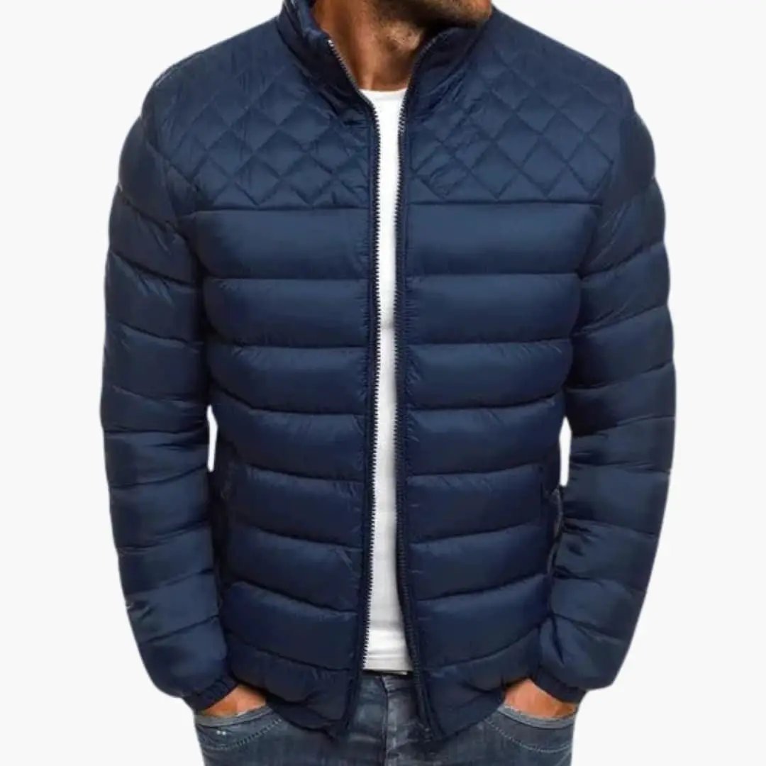 Men’s Quilted Outer Jacket with Hood by Wilfred Smith, navy puffer with diamond-quilted yoke.