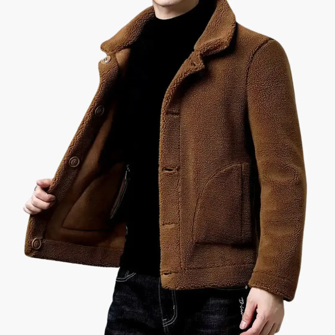 Men's Short Jacket with Lapel Collar and Front Pockets, brown textured sherpa exterior