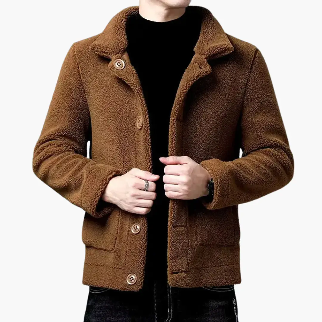 Men’s Short Jacket with Lapel Collar and Front Pockets in brown teddy fleece