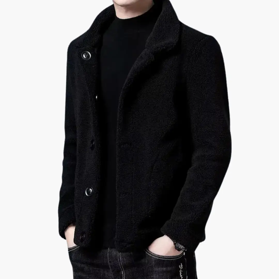 Men’s Short Jacket with Lapel Collar in black textured fabric with front pockets