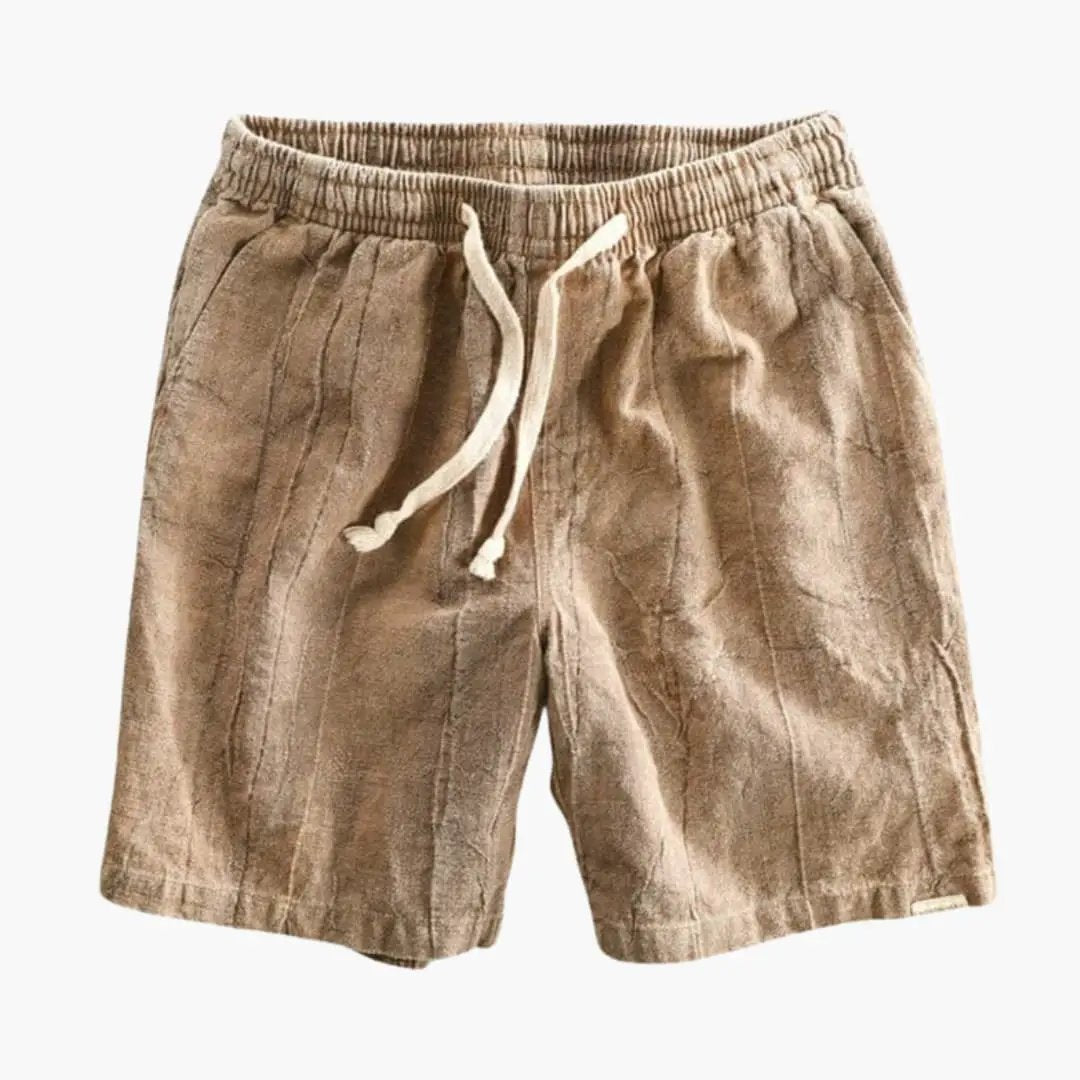 Men's Wilfred Smith jogger shorts, tan knee-length with elastic waistband and white drawstring
