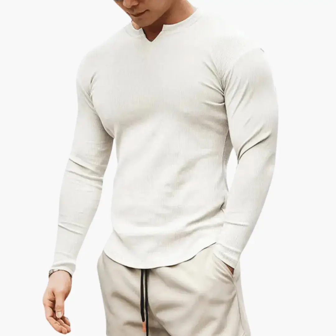 Men’s white ribbed-knit sweater, slim-fit long-sleeve top