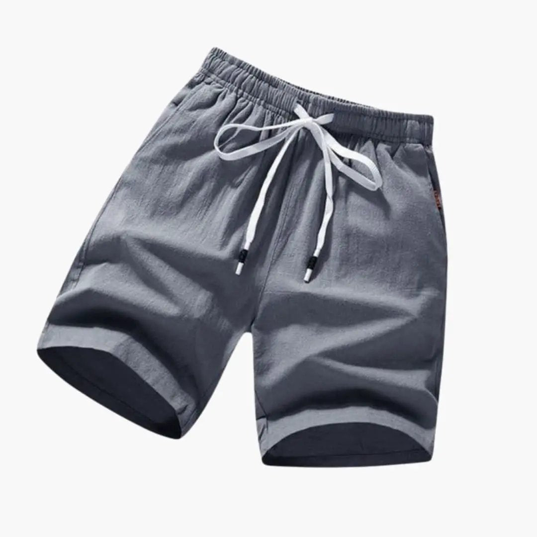 Men's gray swim shorts with white drawstring and side pockets, knee-length