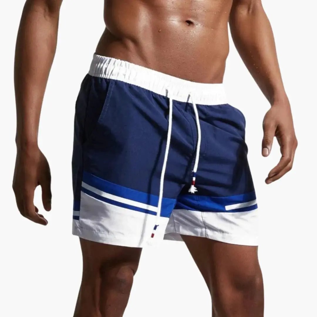Men’s Swim Shorts with Drawstring, navy with white waistband and blue striped design, boardshorts