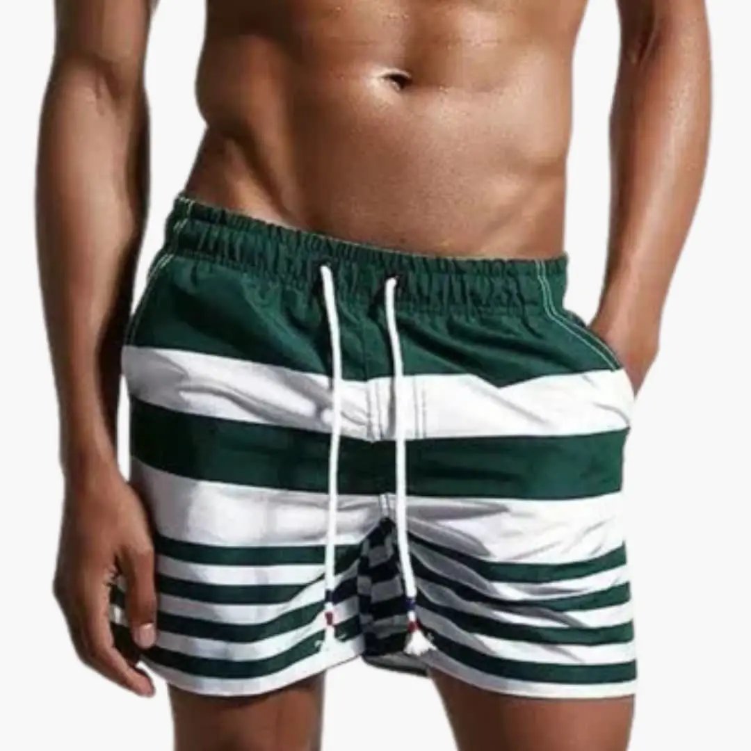 Men's Swim Shorts with Drawstring, green and white striped boardshorts by Wilfred Smith